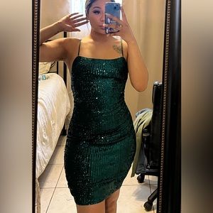 Hunter green sequin dress open back